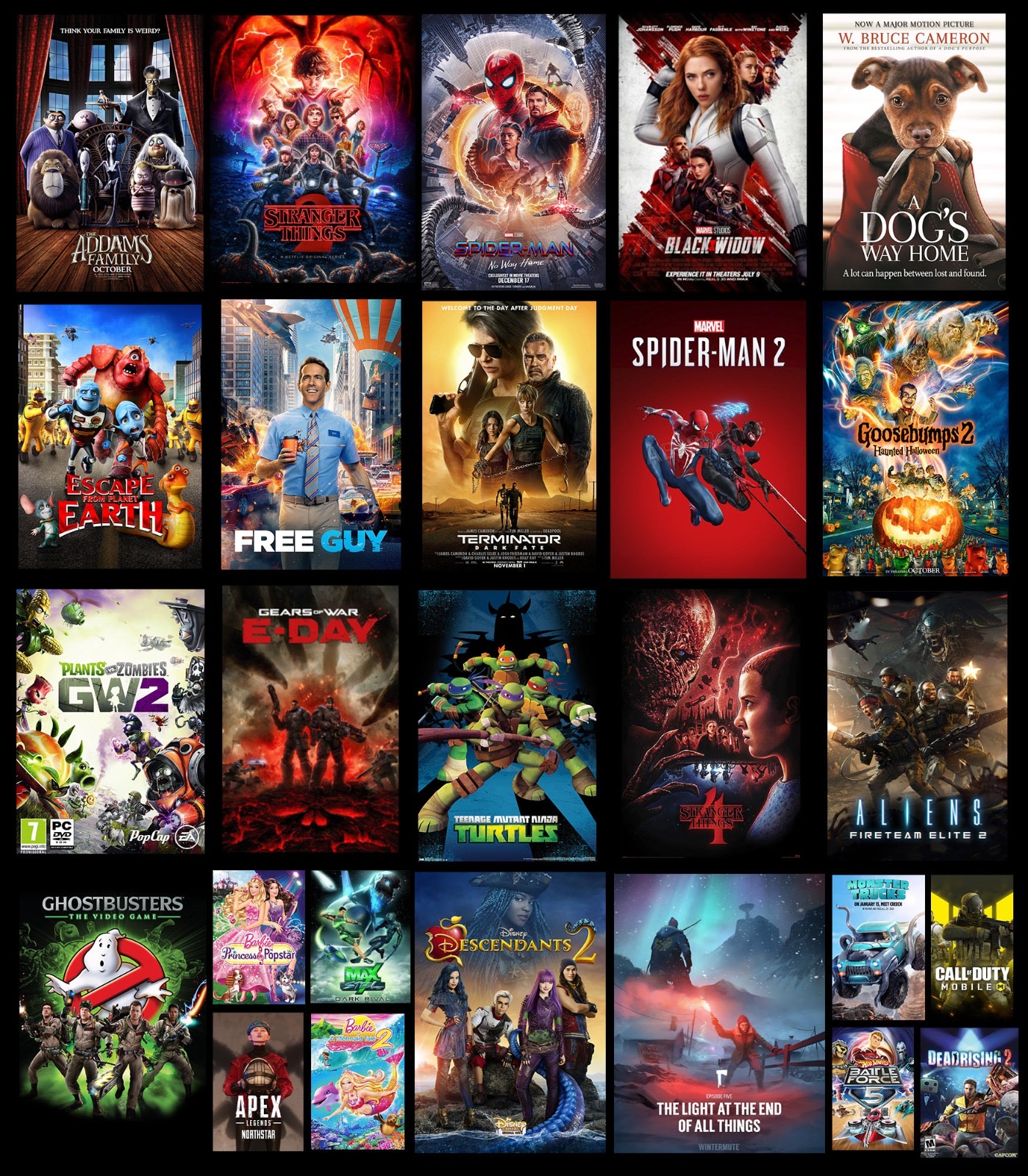Poster collage of film, television, and game titles Alejandro Mozqueda Torres has worked on, including Spider-Man: No Way Home, Stranger Things, Terminator: Dark Fate, Spider-Man 2 for PS5, Gears of War: E-Day, and The Addams Family.
